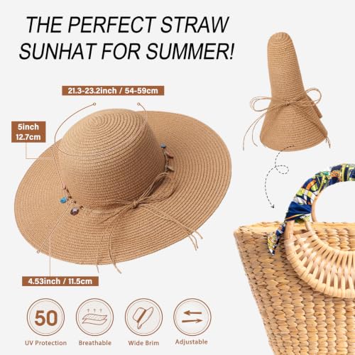 Sun Hats for Women, Straw Hats UPF 50+ Sun Protection, Wide Brim Womens Beach Hat for Summer Travel - color: Khaki - Shell