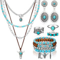 Ecally Bohemian Western Jewelry Turquoise Set Women Country Pendant Long Choker Layered Bracelets Earrings Ring for Women - color: Turquoise, style: Delicate