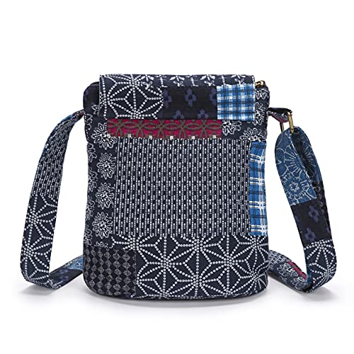 OPQRSTU Women's Retro Small Size Canvas Shoulder Bag Hippie Boho Crossbody Handbag - color: Blue Square