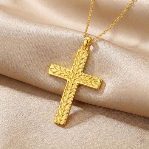 14K Gold Cross Necklace Gold Cross Pendant Necklace Christian Faith Jewelry Gifts for Women - style: F-Leaf Cross