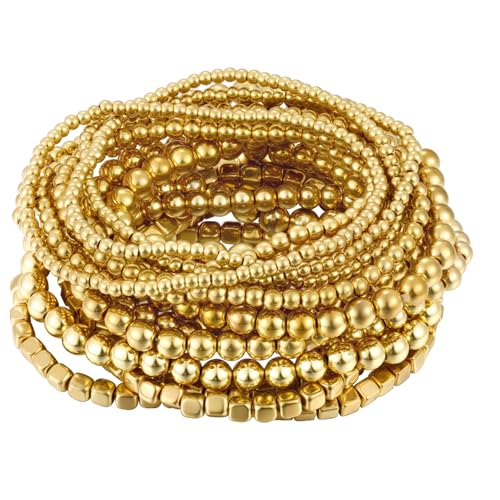 ÌF ME 16 PCS Gold Bead Bracelet for Women, Gold Beaded Stretch Plated Stackable Strand Bead Ball Bracelets stack Adjustable Jewelry Set for Gifts - color: 16 PCS Gold