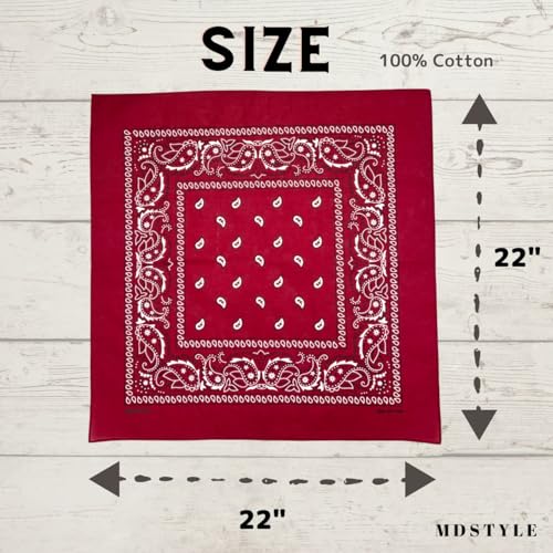 MDSTYLE 6 Pack 100% Cotton Bandanas 22” x 22" for Men & Women Paisley Handkerchief Headband Scarf Bandana - color: Black X2, Burgundy X2, Tan X2