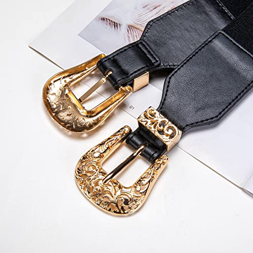 Dubulle Womens Belt Chain Leather Belts Vintage Western Adjustable Elastic Double Buckle for Cowboy Pant Dress - color: Black Gold