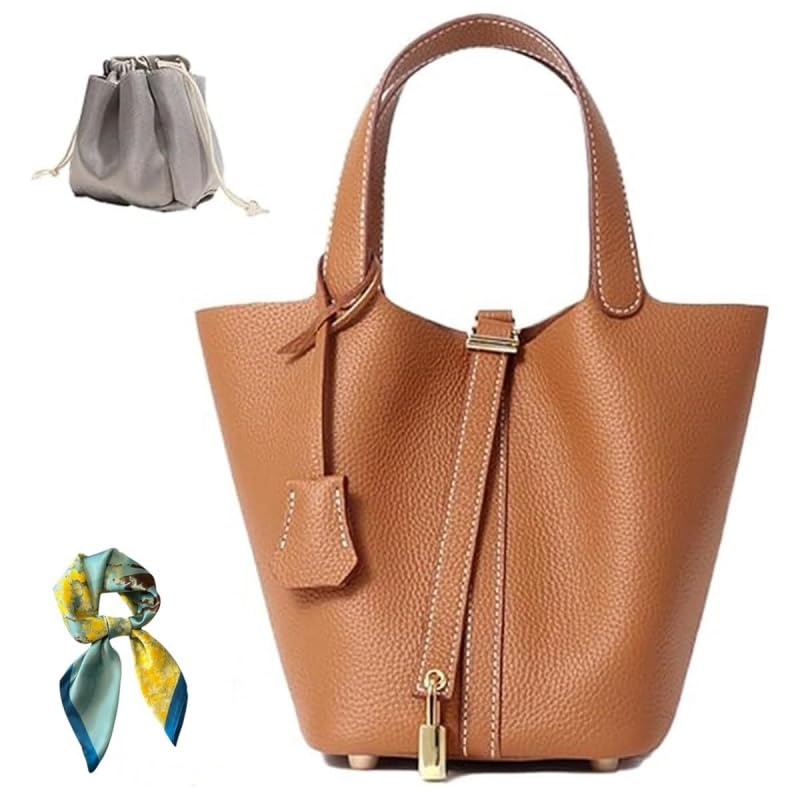 Genuine Leather Bucket Bag for Women: Lock Design Shoulder Handbag Versatile Top-Handle Tote Fashionable Vegetable Basket - color: Brown