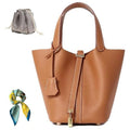 Genuine Leather Bucket Bag for Women: Lock Design Shoulder Handbag Versatile Top-Handle Tote Fashionable Vegetable Basket - color: Brown