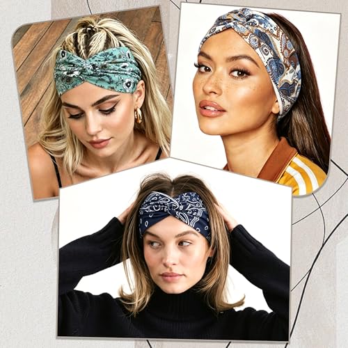 4 Pack Wide Women’s Headbands Boho Twist Turban Headband Non-Slip Elastic Workout Yoga Cross Hair Band Stretchy Hair Wrap Accessories for Girls - color: Bohemia-2