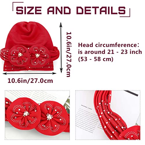 Woeoe Beanie Cap Head Wrap Black Rhinestones Head Scarf Flower Pearls Twisted Head Turban for Women Girls - color: Red