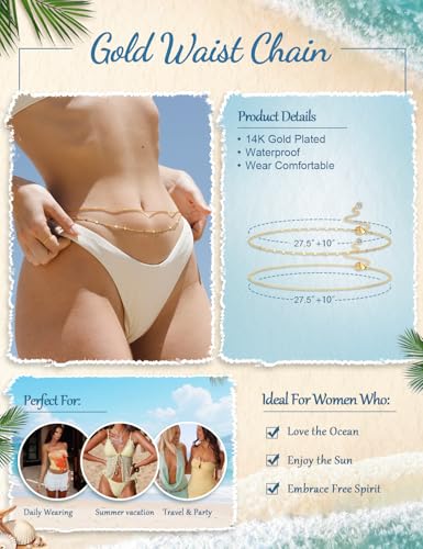Gold Waist Chain for Women, Trendy Layered Belly Chain Jewelry, Adjustable Body Chain for Beach & Summer Outfit - style: Gold Style 6