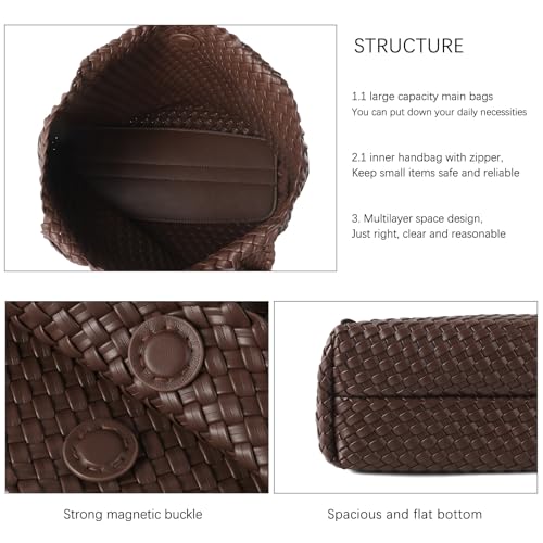Hand Woven Bag Tote BagS For Women Top Handle Shoulder Vegan Leather Large Travel Beach Hobo Handbag - color: Coffee