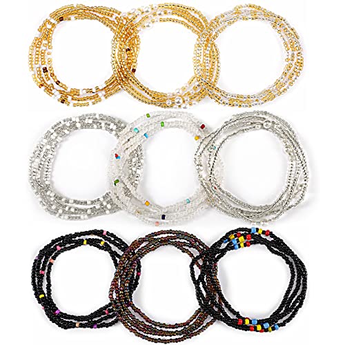 Kigeli 9 Pack Waist Bead Chains for Women Stretchy African Belly Chain Stomach Beads Body Bikini Jewelry (Clear, Black, Gold)