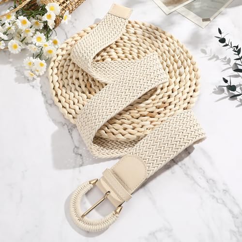 SANSTHS Women Wide Woven Belt for Dresses Fashion Rattan Braided Waist Belt Straw Raffia Boho Belt for Jeans - color: A-beige, size: Fits waist size 30"-34"