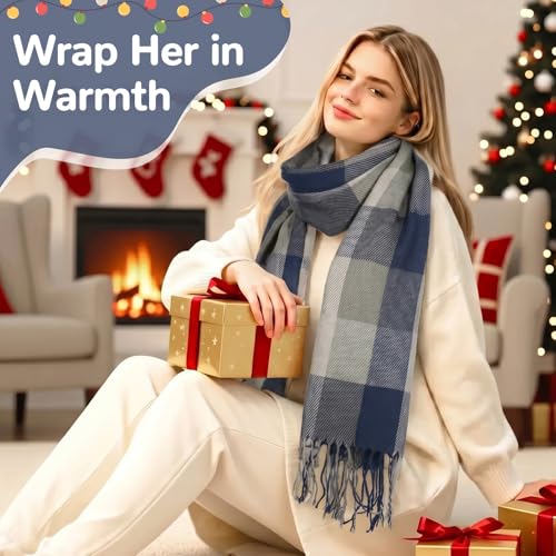 Loritta Womens Scarf Fashion Long Plaid Shawls Wraps Big Grid Winter Warm Lattice Large Scarves Gifts - color: F-blue Grey Lattice