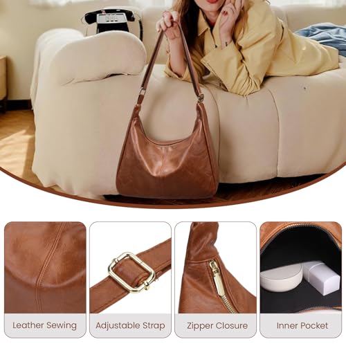 Brown Shoulder Bag for Women,Brown Leather Purse Slouchy Hobo Bags Everyday Purse Daily Commuting Bag with Zipper - color: Light Brown