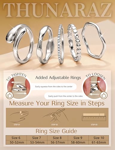 THUNARAZ 14K Gold Plated Rings for Women Non Tarnish Stackable Chunky Rings Cubic Zirconia Thumb Ring Set Dainty Trendy Statement Promise Wedding Bands Engagement Ring for Women Size 6-10 - color: Silver