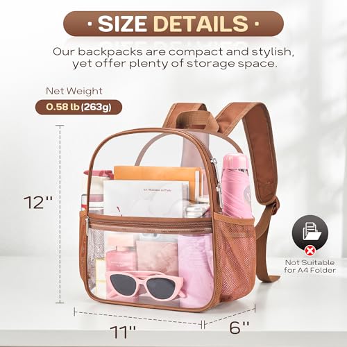 Oraben Clear Backpack Stadium Approved, 12 x 6 x 11 in, Small Transparent Backpack for Concerts, Sports Events, Festivals, Travel, Waterproof PVC, Adjustable Straps, Women Men - color: Coffee Brown, style: Enhanced Strap