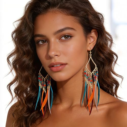 FRESHME Native American Earrings for Women - Ethnic Indian Feather Earrings, Western Jewelry for Photoshoot Music Festival