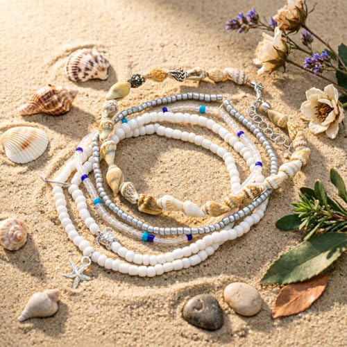 Beach shell sea star sea bead anklet set for Women, adjustable gold-plated Bohemian shell bracelet for ankle Fashion Layered anklet - color: Conch 5Pcs