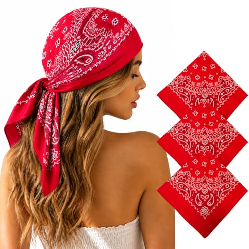 Junvena 27 Inch Extra Large Bandana 100% Cotton,Soft Thin Breathable Headband for Men Women, Solid & Paisley - color: Red Paisley 3 Pack