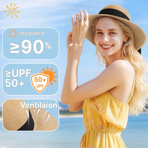 Beach Hats for Women, Sun Straw Hat for Women, UPF 50+ UV Sun Protection Sun Hat Womens, Foldable Floppy Sun Hat - color: N-khaki