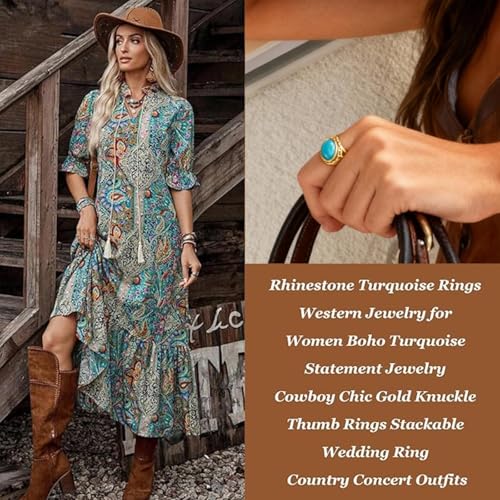 Turquoise Rings for Women Gold Western Rings Knuckle Wedding Party Fashion Jewelry Gifts Country Concert Outfit Accessories - color: Size:6