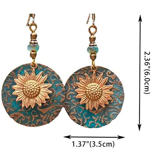 Boho Teardrop Earrings, Handmade Copper Bohemian Earrings, Dangle Antique Ethnic Jewelry for Women - color: Sunflower