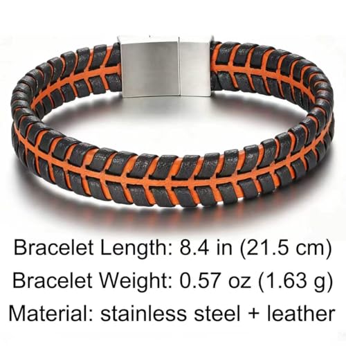 Men's Leather Bracelet, Stackable Stainless Steel Clasp Bracelets for Men Stylish Birthday, Thanksgiving, Valentine's Day Gift for My Man - style: 8.4" Orange and Black