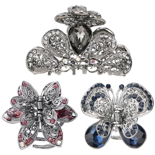 kilofly 3pc Vintage Crystal Hair Claw Clips Long Thick Hair Metal Clamps - color: 2 Small + 1 Medium