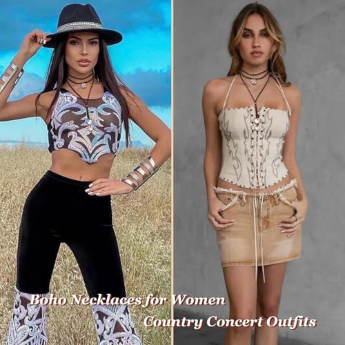 Stagecoach Festival Outfits for Women Boho Leather Necklace with Coin Pendants Long Cowgirl Western Jewelry for Women Country Concert Outfits Accessories - color: A1：Black