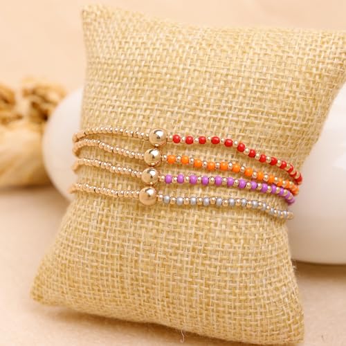 Gold Beaded Stackable Friendship Bracelets Set for Women, Handmade Boho Stretch Summer Jewelry Gift. - color: gold orange gray red purple