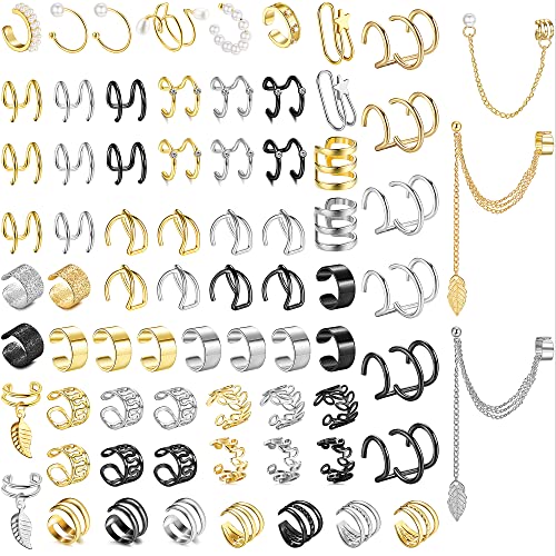 Dochais Ear Cuff Helix Cartilage Clip on Earrings Ear Cartilage Clip on Wrap Earrings Ear Cuffs for Women Men Non Piercing Ear Piercing Fake Earrings Set(Gold/Silver) - style: B-73 Pcs(Gold/Silver/Black)
