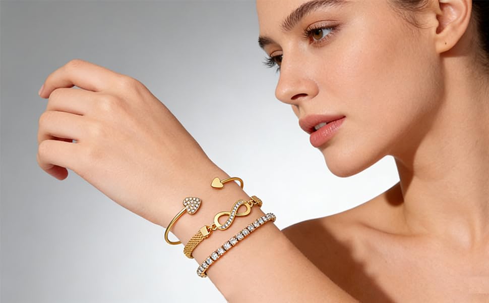 Alegend Titanium Steel (Not Rust, Resist Corruption, Easily Clean) 18K Gold Plated Single Bracelets + 14K Gold Plated Stackable Multilayer Bracelets - style: 14K Gold Heart & Infinity Symbol