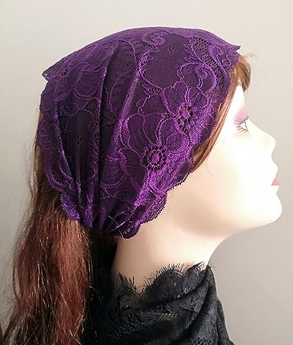 Hairband, Wide Lace Headcovering Headband for Women in Purple with Elastic Flower Lace Pattern - color: Purple