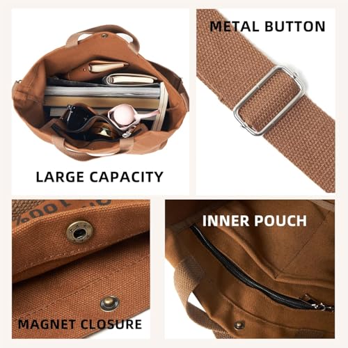 Canvas Tote Bag For Women inside out bag Crossbody Handbag with Adjustable Strap and Coin Purse for Work,Travel,Grocery - color: Brown