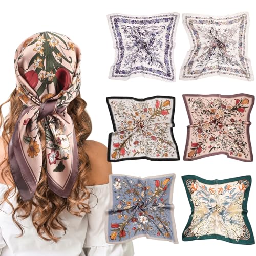 JATEBI 27''/35'' Women Large Satin Scarf Silk Feel Square Wraps Big Hair Bandanas Vintage Print Solid Color Bandana Scarves - color: Colorful Spring/Summer Floral, size: 27'' Medium