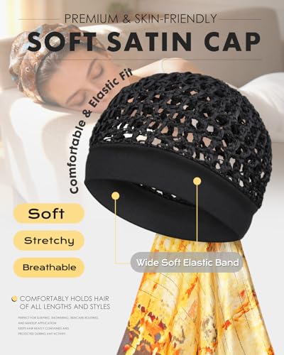 Hair Wrap Scarf and Cap Set for Silk Press, Stretchy Knit Hair Net with Attached Scarf, No Forehead Marks Breathable Net for Women - color: Amber Glow