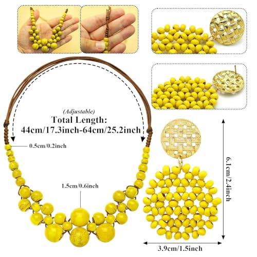 2 Pcs Hippie Boho Colorful Ceramic Beaded Necklace and Earrings Set for Women Adjustable Chunky Round Beads Strand Statement Necklace Colorful Summer Beaded Earrings Bohemian Jewelry Gift - color: Earth Yellow