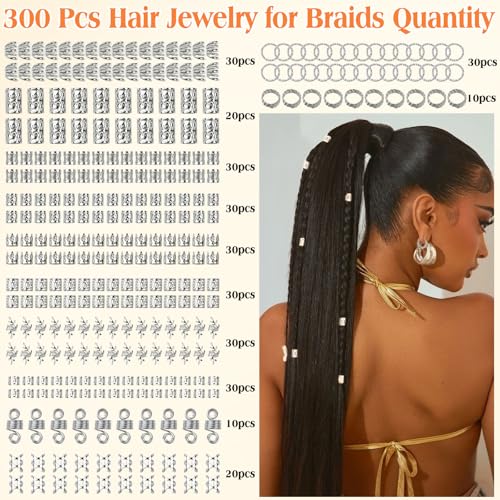 300 Pcs Silver Hair Jewelry for Braids,12 Styles Dreadlock Accessories, Adjustable Metal Hair Clips, Hair Cuff Coils Rings Braiding Decorations for Women Men - color: Silver