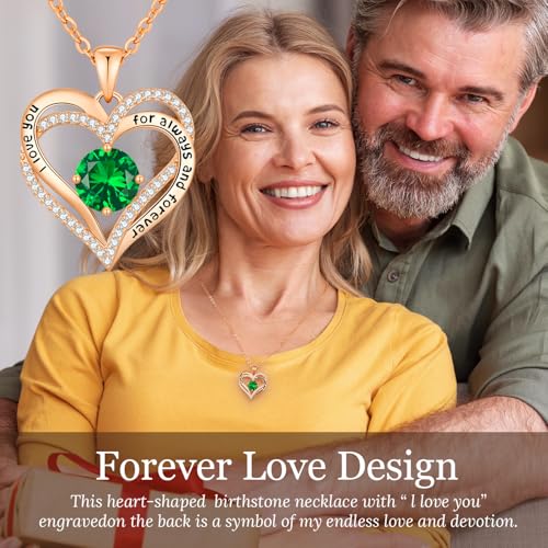 CDE Engraved Forever Love Heart Birthstone Necklace Jewelry Gifts for Women | Hypoallergenic,Nickel-Free & Lead-Free,3 x 3 mm 5A CZ Heart Pendant,Anniversary Christmas Birthday Gift for Girlfriend Wife - color: Birthstone-05-May, style: Rose Gold Plated-B