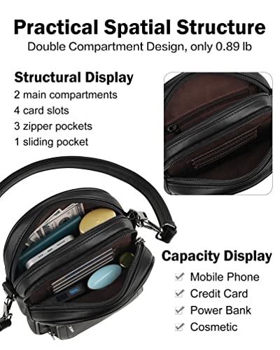 FADEON Small Purses for Women Crossbody Bags, Designer PU Leather Mini Cross Body Purse Travel Shoulder Bag Card Slots - color: Pure Black Retro Style
