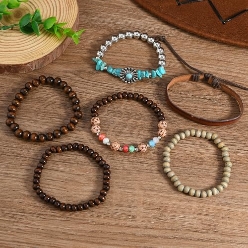 Long tiantian Western Turquoise Beaded Bracelet Set for Women Stackable Cowgirl Bracelets Boho Concho Jewelry Country Concert Rodeo Outfit Accessories Gifts - color: E4:western wooden dress