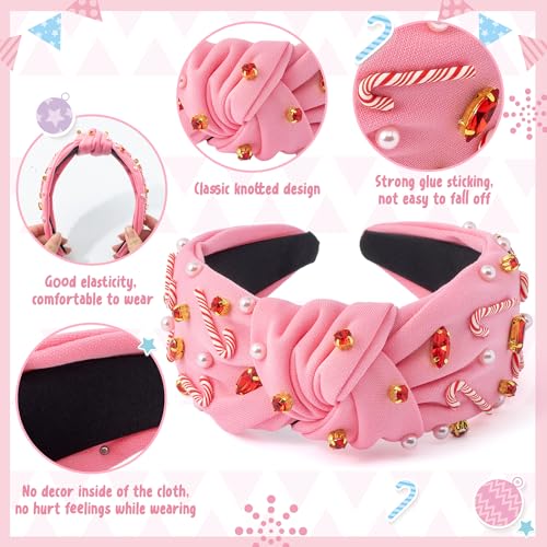 PANTIDE Christmas Jeweled Knotted Headband - Xmas Candy Cane Rhinestone Crystal Pearl Embellished Headband None Slip Wide Top Knot Fashion Hairband Hair Accessories Birthday Gift for Women Girl (Pink) - color: Pink Christmas Candy Cane