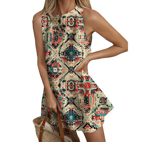 Aztec Geometric Mini Dress for Women Sleeveless Round Neck Outdoor Vacation Sundress Flowy Soft Lightweight Comfy - color: Beige Red Blue, size: Small