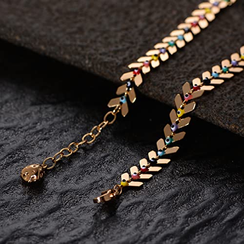 LOYATA Dainty Ankle Bracelet,14K Gold Plated Tiny Bead Anklet Dainty White Cubic Zirconia Cross Tassel Foot Chain Cute Lucky Moon Evil Eye Foot Jewelry Boho Anklets for Women - color: Evil Eye Leaves