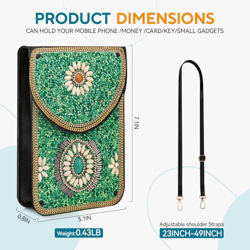 Small Beaded Crossbody Bag for Women, Boho Cell Phone Shoulder Purse Wallet with Handcrafted Colorful Beads - color: Gemstone-green