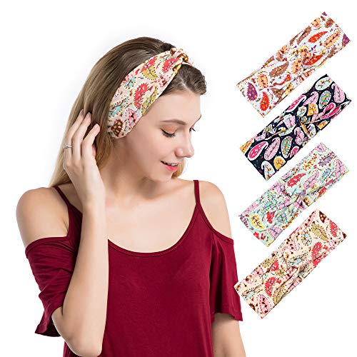 Women's Wide Bandana Headwrap Stretch Yoga Sweatband Turban Criss Cross Head Wrap Twist Head Bands for Women (4 Pack Paisley Printed Style D) - color: 4 Pack Paisley Printed Style D