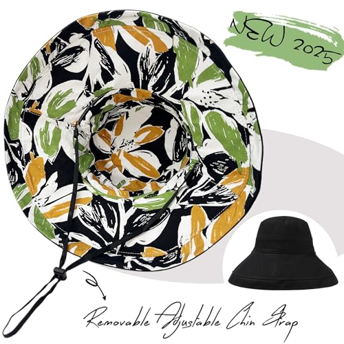 vidsel Womens Sun Hats Wide Brim Reversible Bucket Cotton Hat Packable Summer Travel Cap with Hat Clip,UV Protection - color: Black2, size: Medium