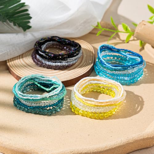 Caiyao Bohemian Multilayer Stackable Seed Beaded Bracelets Colorful Crystal Glass Beads Strand Bangle Bracelet BFF Wristbands Bracelet for Women Summer Beach Hawaii Jewelry Birthday Gifts - color: Blue 2