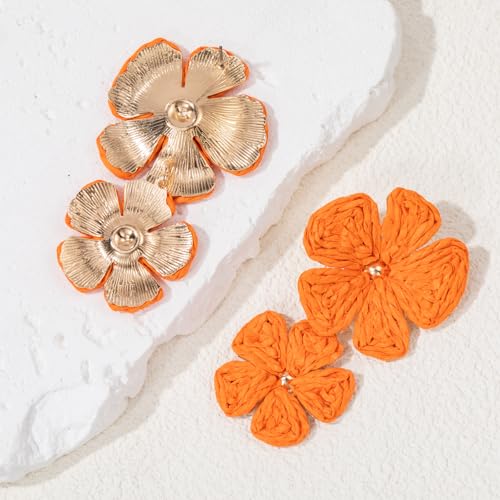 Boho Flower Earrings Statement Raffia Dangle Earrings Cute Floral Jewelry Trendy Summer Beach Vacation Outfits for Women - color: Orange