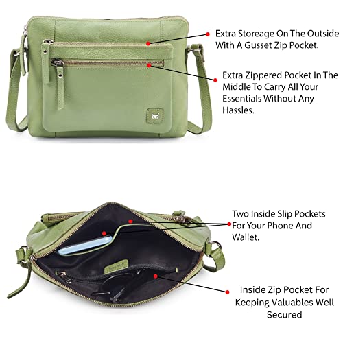 Leather Crossbody Bags for Women Small Soft Genuine Pebbled Sling Shoulder Handbag Crossover Purse with Full Adjustable Strap (Sage Nappa) - color: Sage Nappa