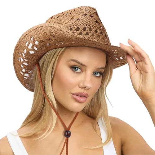 AQOKKA Straw Cowboy Hats for Women Men Western Cowgirl Hats with Shapeable Brim Woven Hollow Out Unisex Beach Roll Up Caps - color: Khaki a
